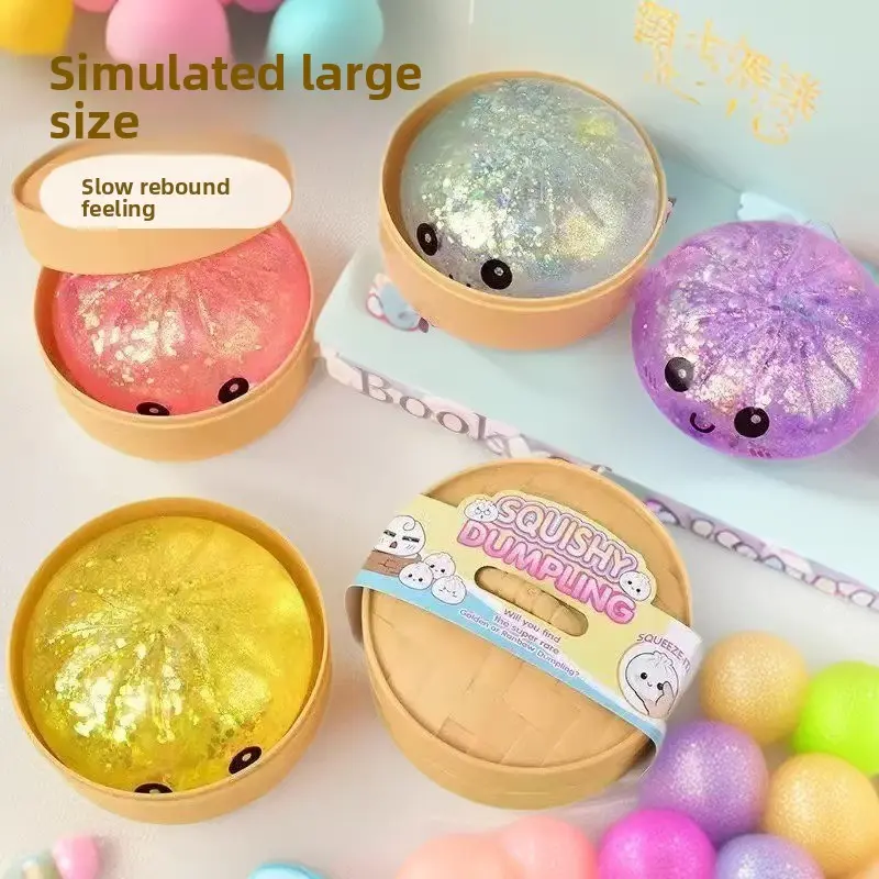Small Glitter Bead Squishy Dumplings, Bao Bun Stress Ball with Steamer Case 5cm - (24-pack)