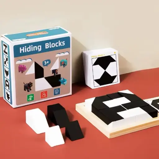 [PO-P040]  Hiding Blocks Puzzle Toy, Black and White Block Puzzle, with activity cards, encourages problem solving, pattern recognition