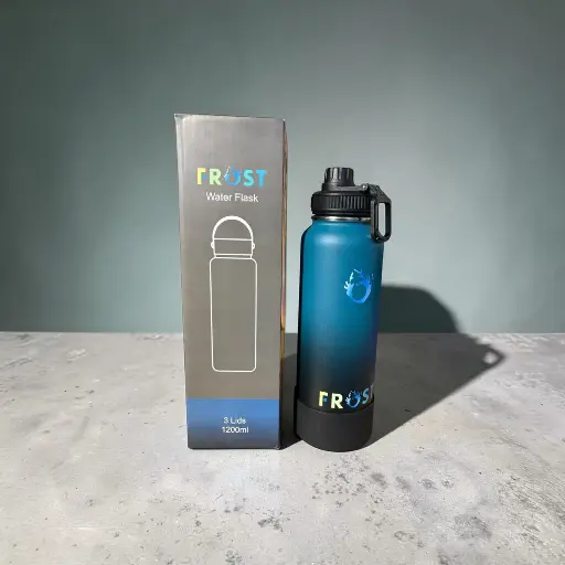 [PO-P079] FROST Stainless Steel SUS304, Vacuum Insulated Sport Water Bottle with Silicon Boot, 3 lids and 2 straws with straw cleaning brush - 1200ml - Black Blue